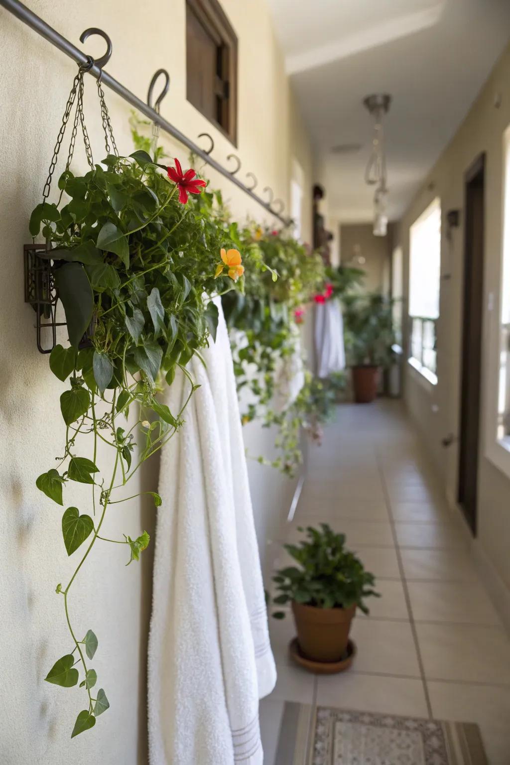 A towel bar provides a practical plant hanging solution.