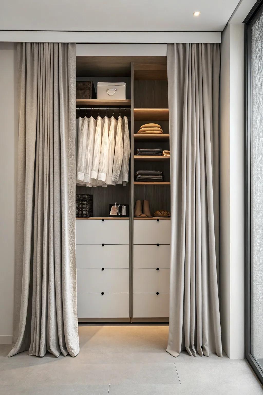 A dresser concealed by a curtain, providing a streamlined closet appearance.