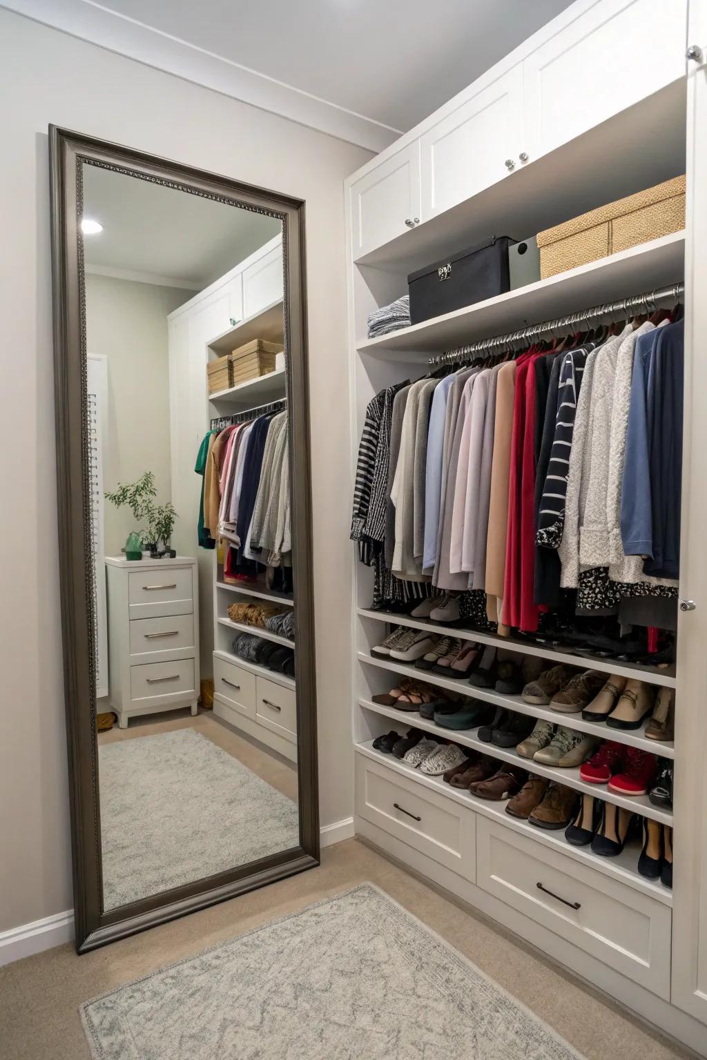 A closet with a large mirror reflecting an organized and spacious area.