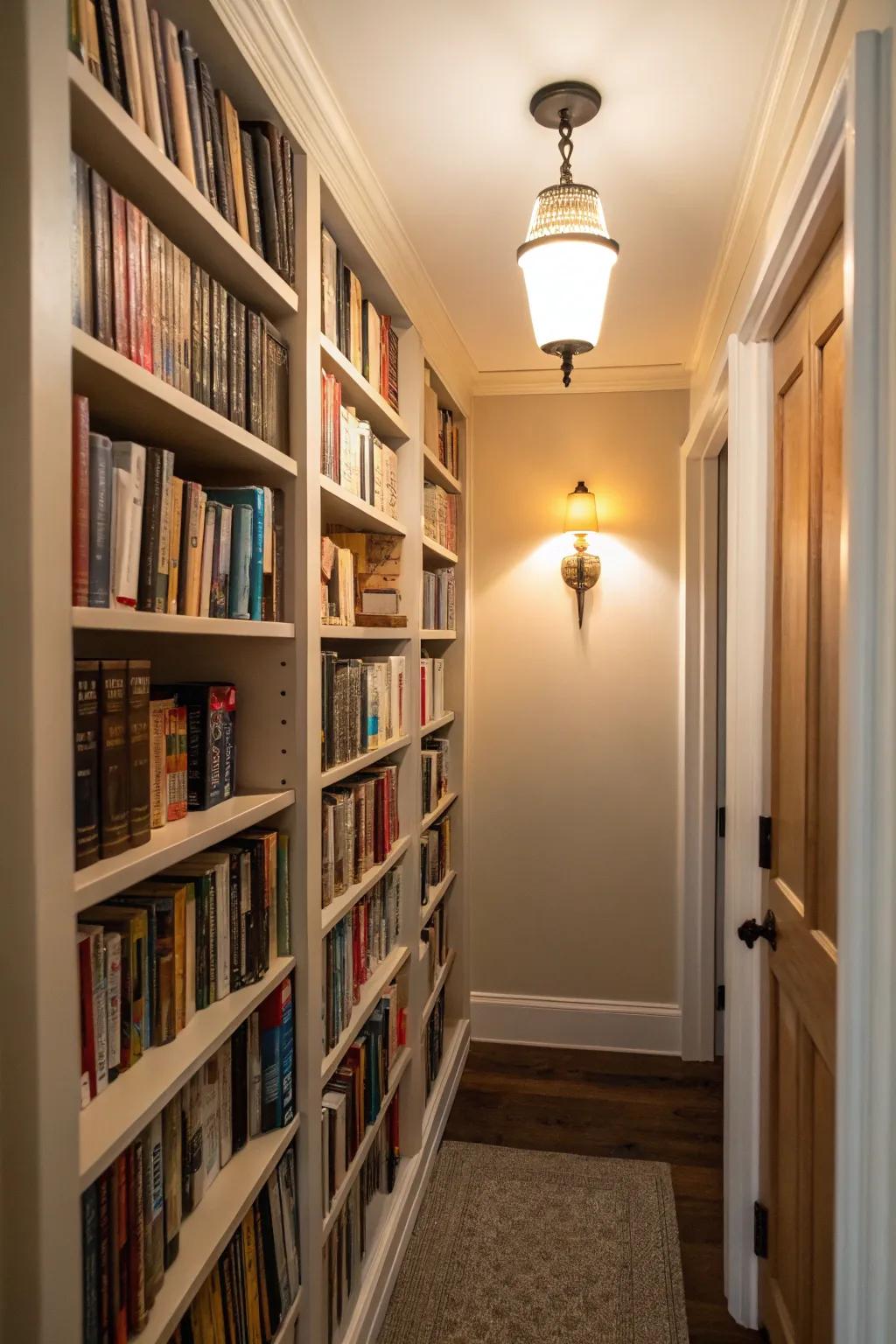 Soft lighting enhances the cozy feel of your closet library.