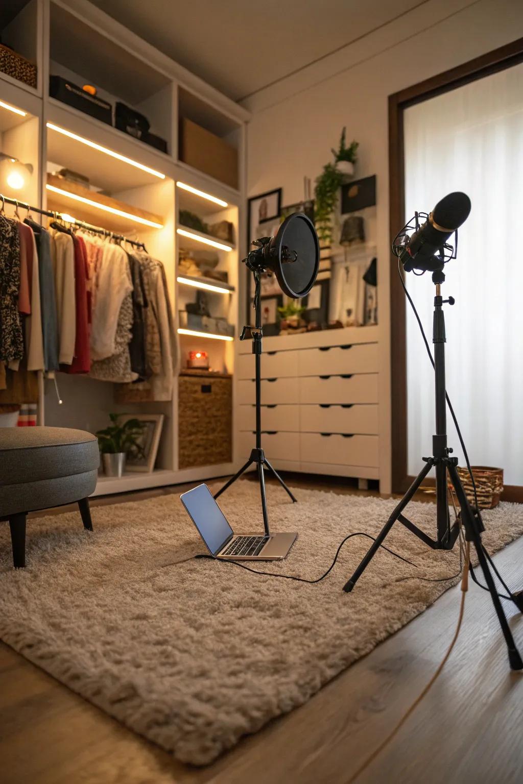 Add a plush rug to your closet studio to absorb sound and add warmth.