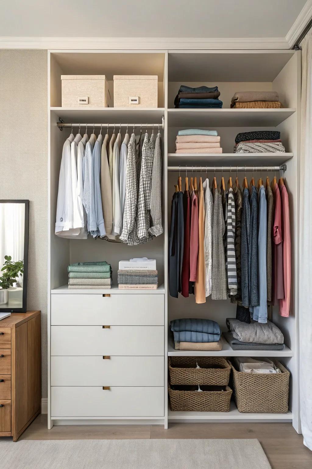 Open closets offer a chic, minimalist look that integrates with your room's decor.