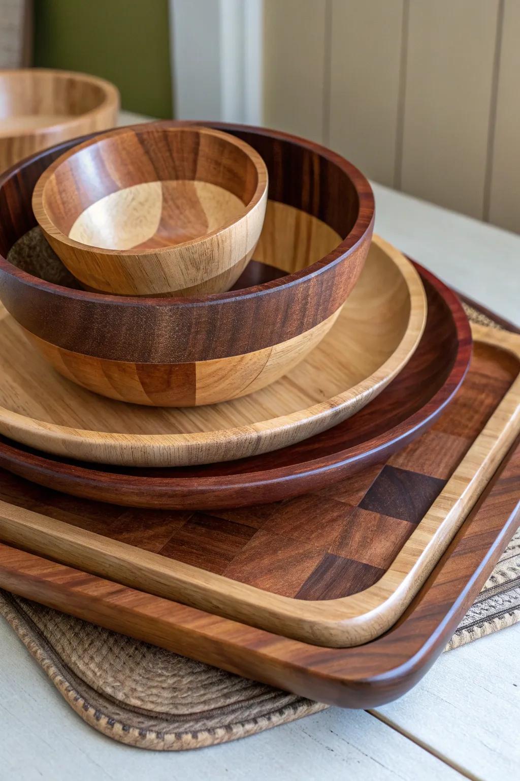 Elevate your kitchen style with these stunning layered wooden bowls and trays, where craftsmanship meets bold design.