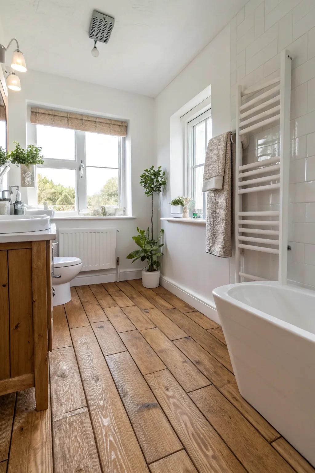 Wood plank tiles offer a rustic charm with the durability needed for bathrooms.