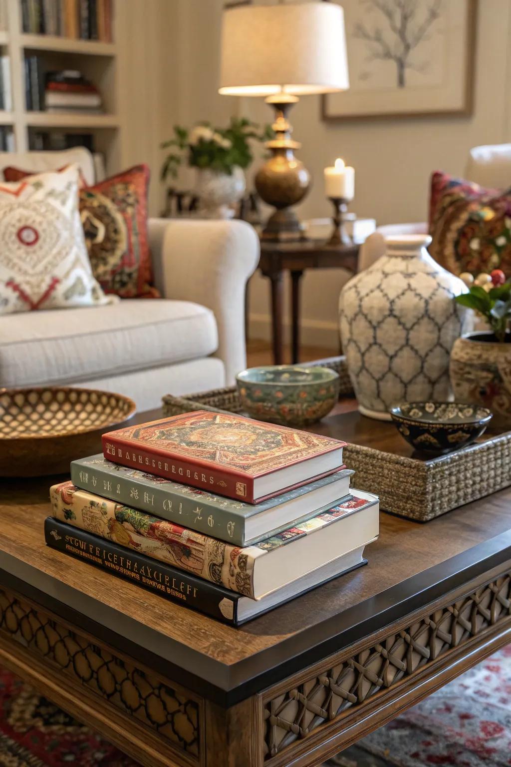 Layered books create a stylish centerpiece on the coffee table.