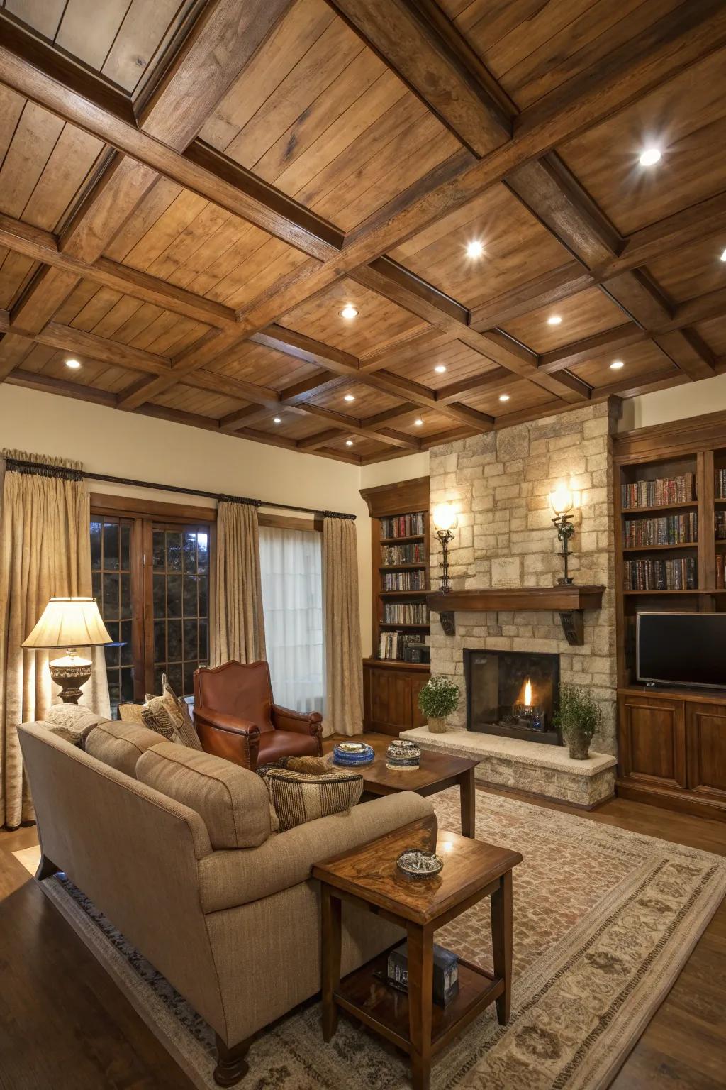 Wood textures bring warmth and character to ceilings.