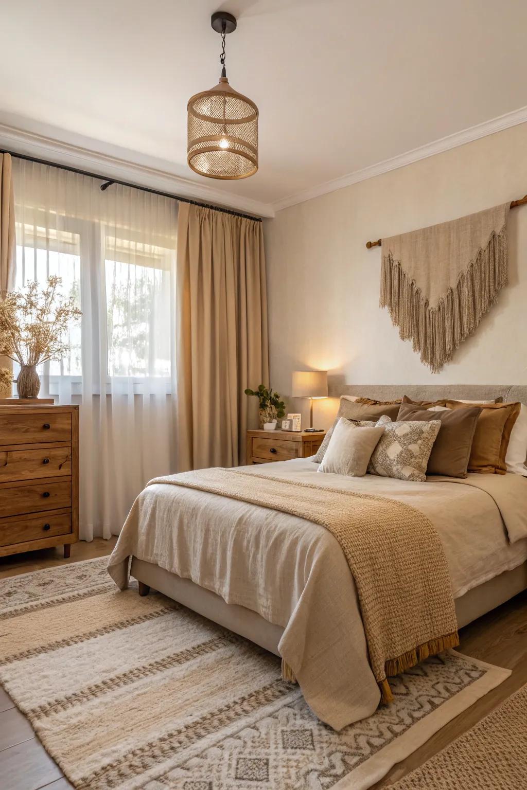 A serene bedroom decorated in warm neutral tones.