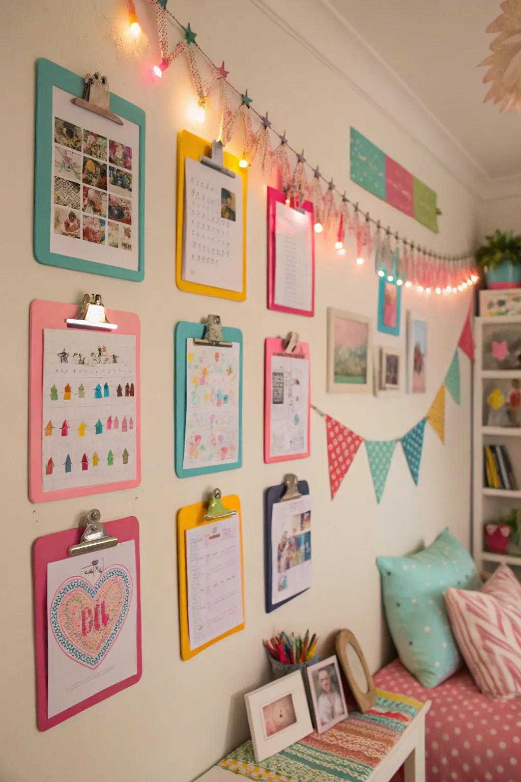 A DIY art display wall with colorful clipboards encourages creativity in a girls' room.