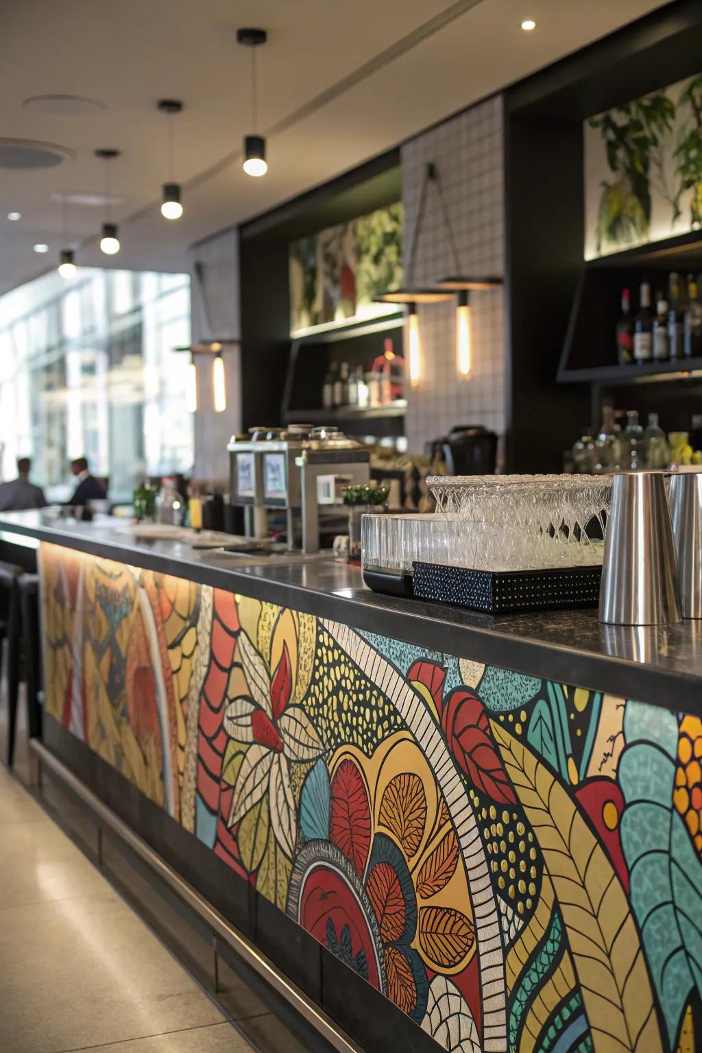 A salon bar showcasing a unique artistic backsplash with abstract patterns.