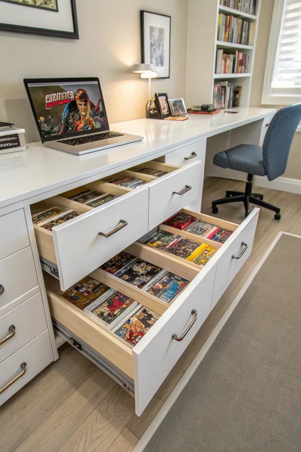 Custom comic drawers offer elegant and efficient storage.