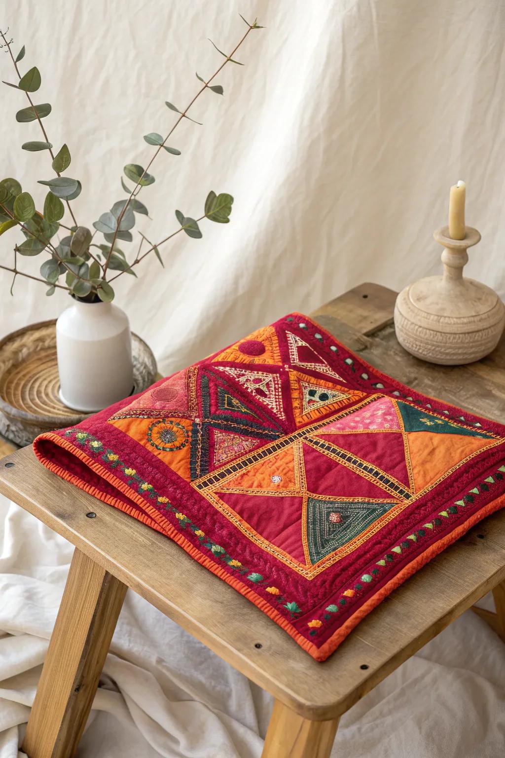 A single quilt square, a tapestry of stories and cultures, waiting to unite with others in a community quilt.