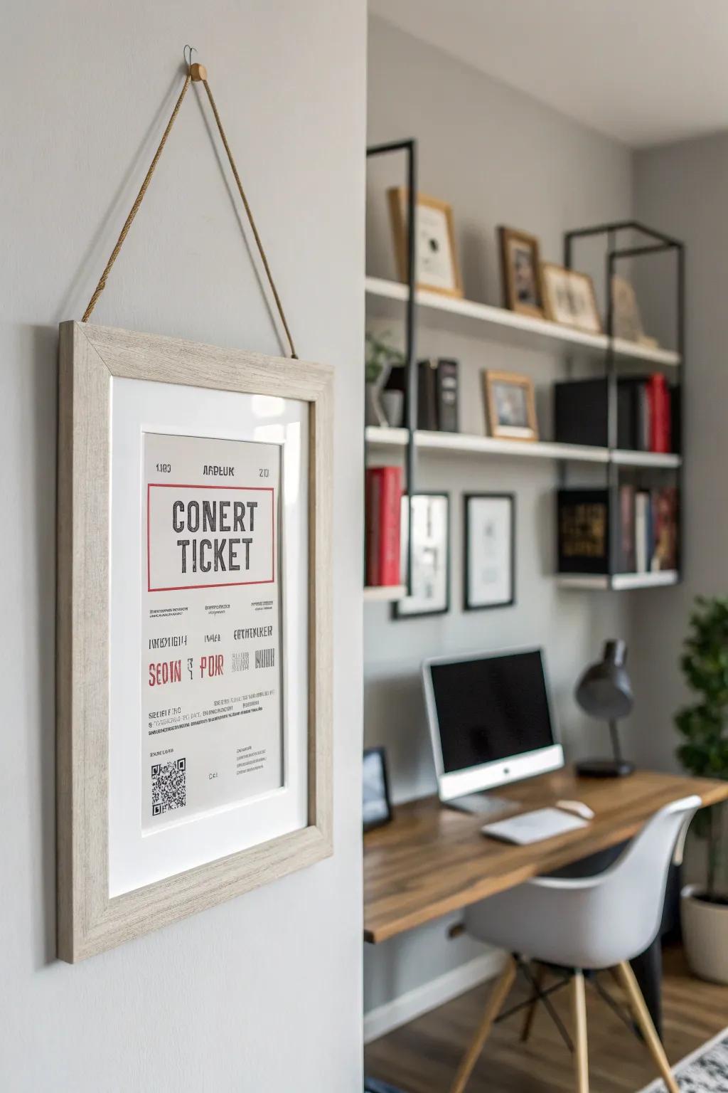 An elegant frame with a single concert ticket.