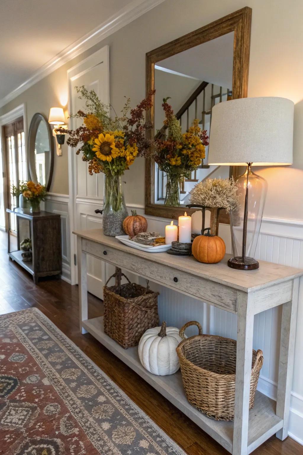 Seasonal decor adds a fresh touch to this console table.