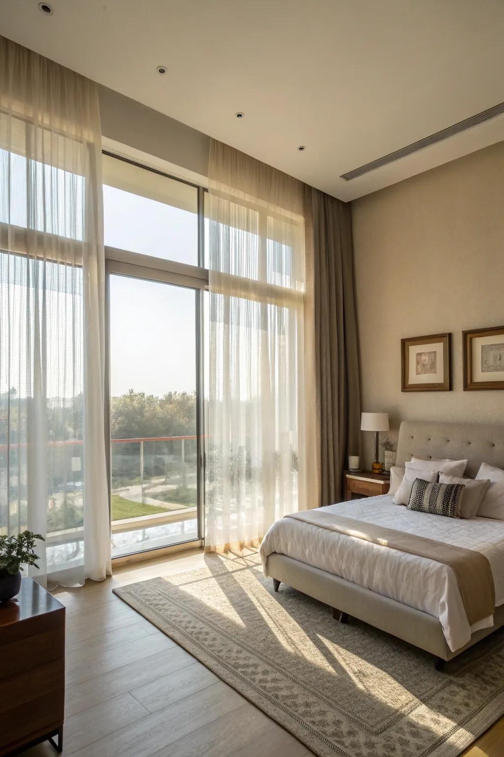 Sheer curtains allow natural light to enhance the bedroom ambiance.