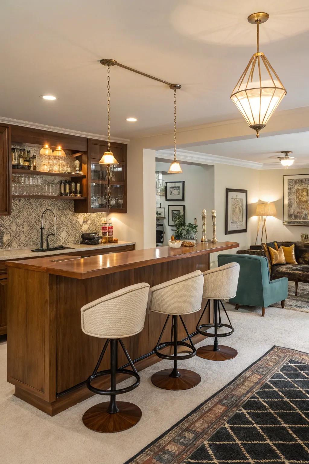 A home bar with midcentury modern vibes and brass accents.