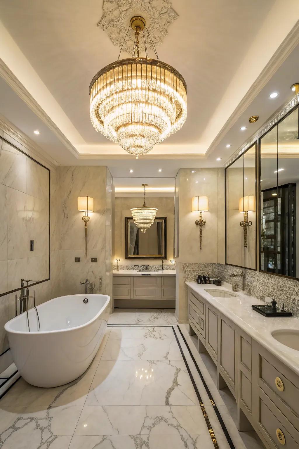 Statement lighting with a chandelier enhances the bathroom's elegance.