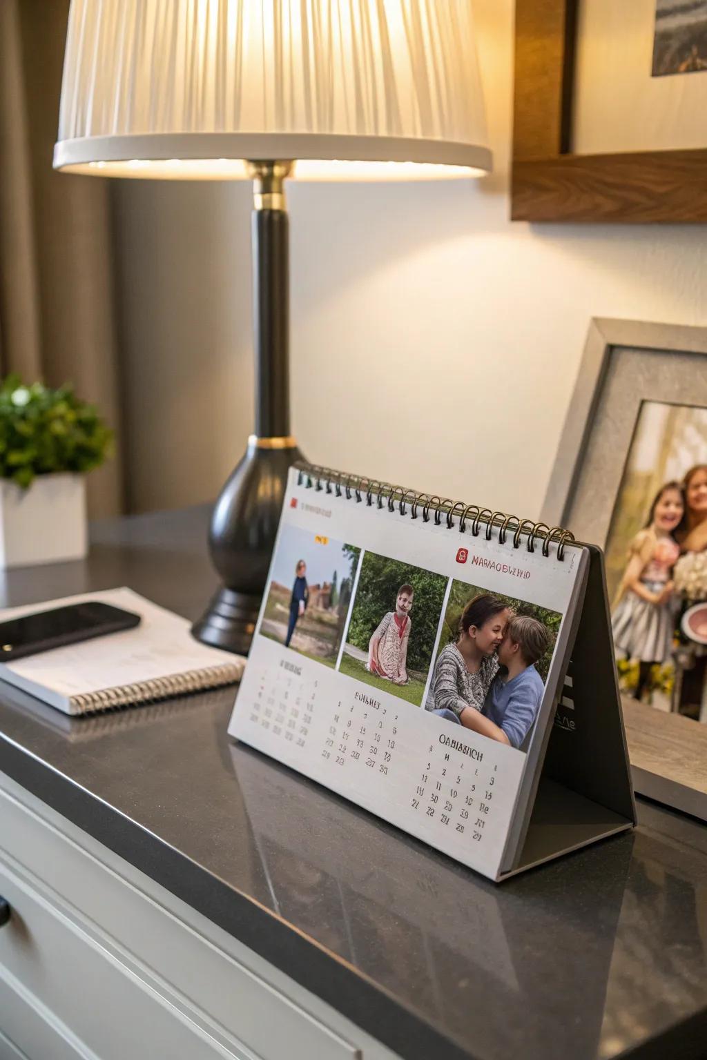 A custom photo calendar with family photos on a modern desk.