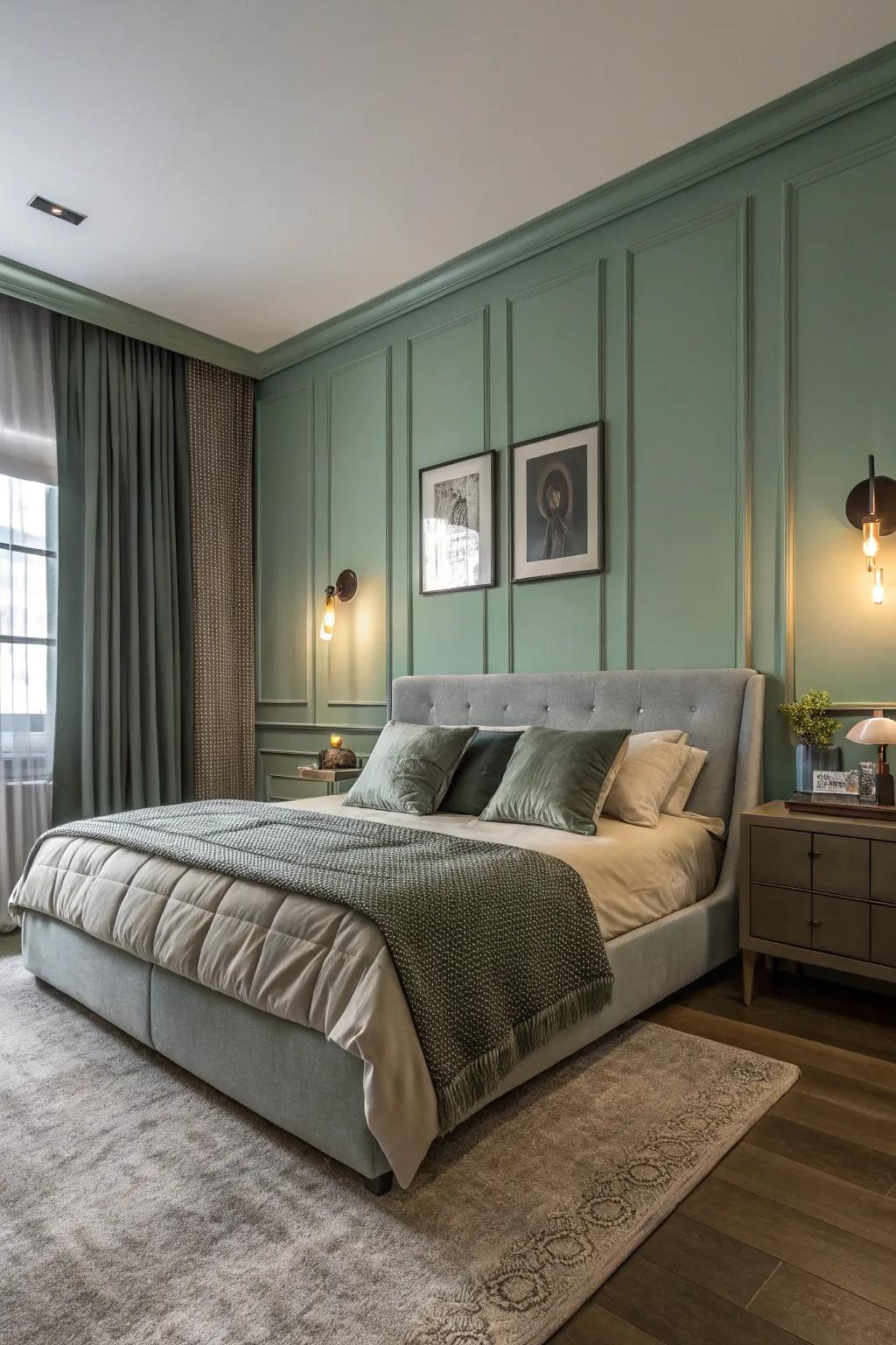 A sophisticated bedroom with a blend of sage green and gray tones.