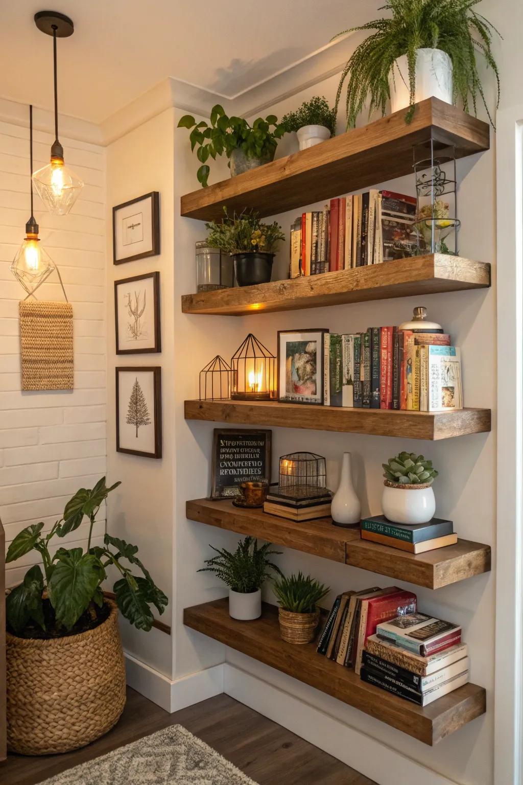 Corner shelves offer stylish storage solutions without occupying floor space.