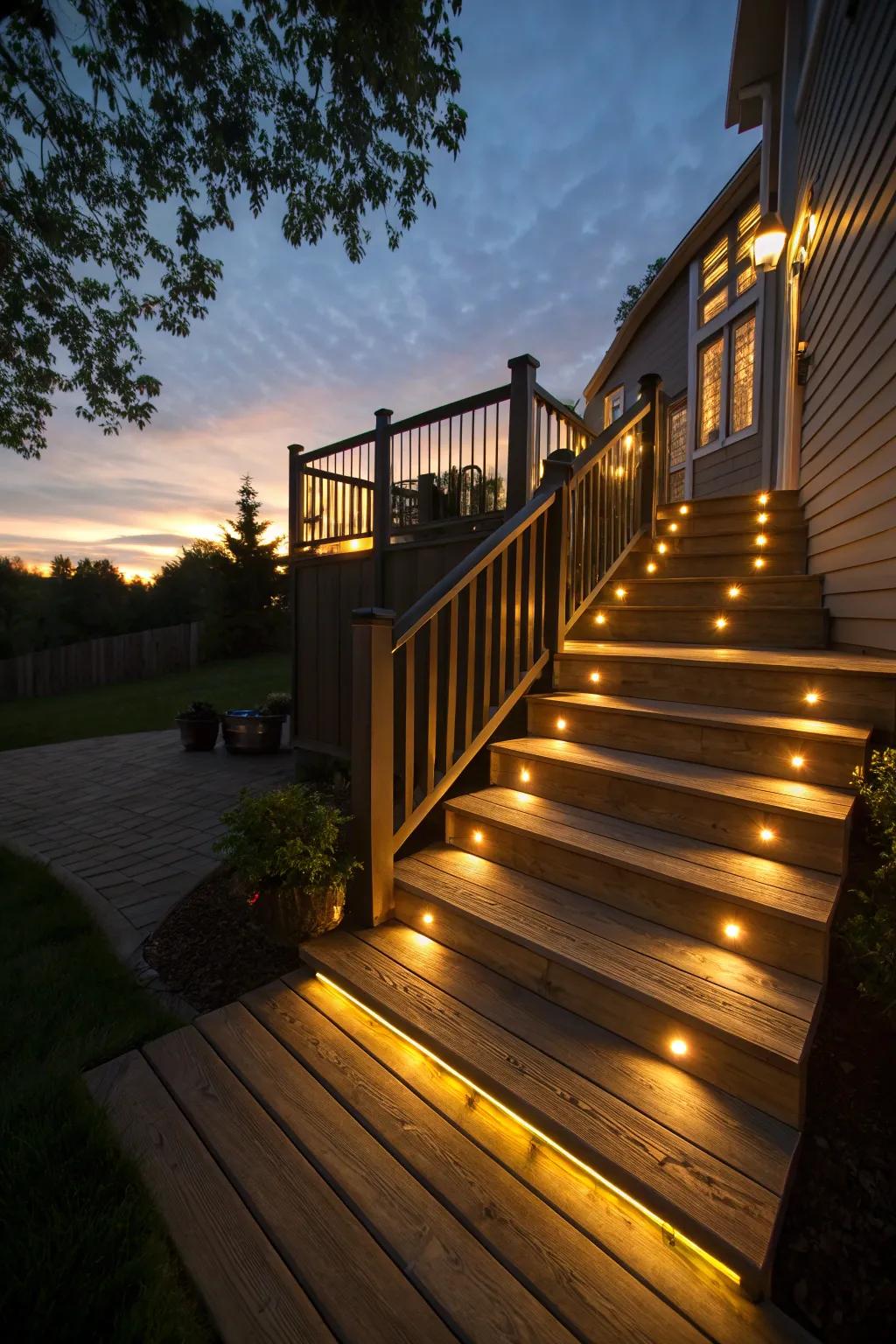 Lighting enhances safety and ambiance on your deck stairs.