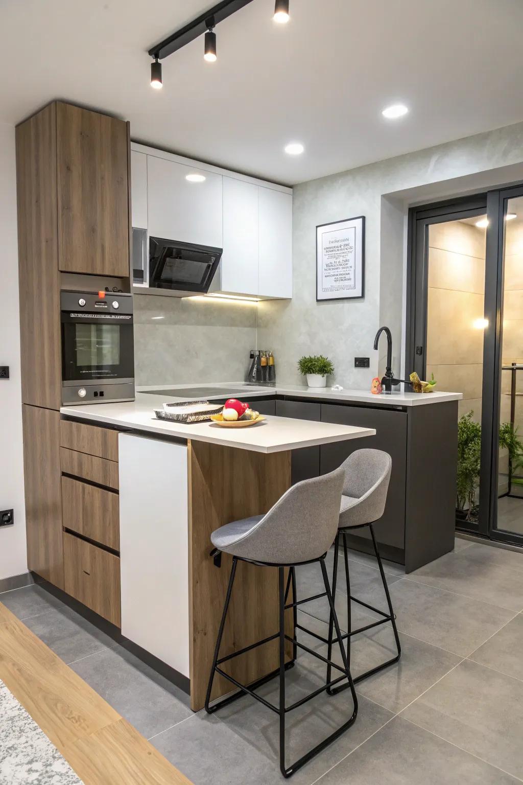 Pop-up extensions provide hidden extra space in compact kitchens.