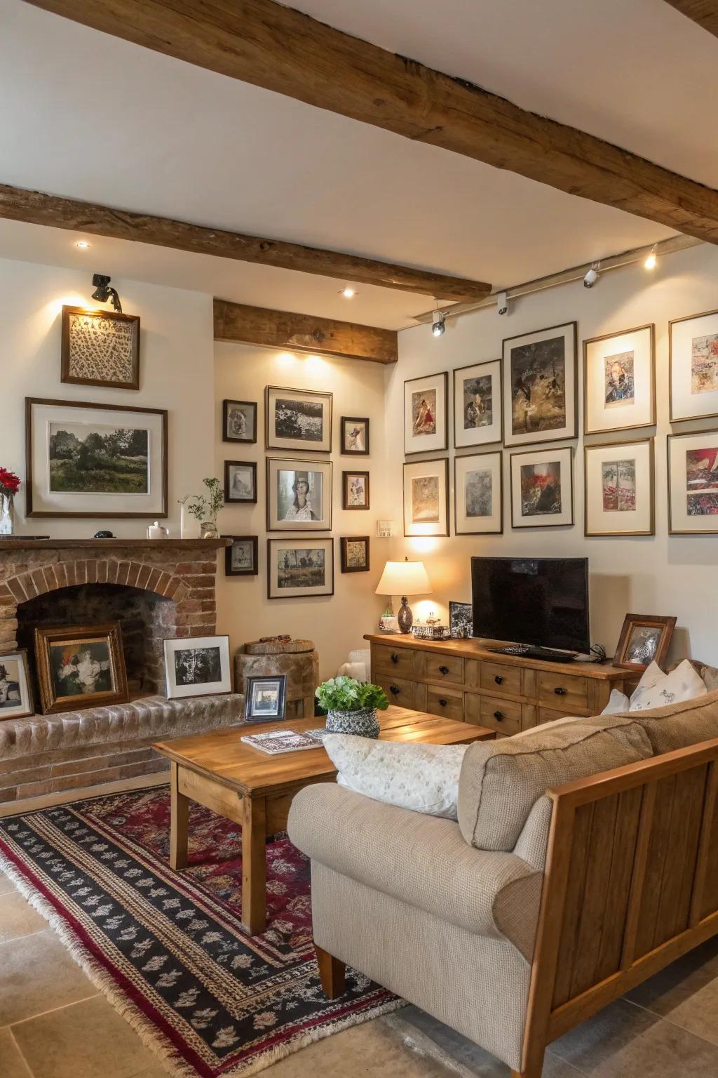 Personal photos and art create a unique gallery wall in this country space.