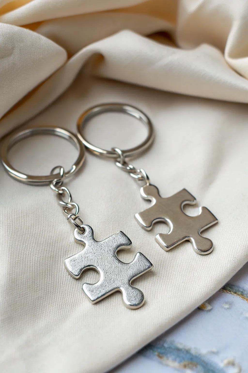 Interlocking puzzle keychains symbolize a perfect match.