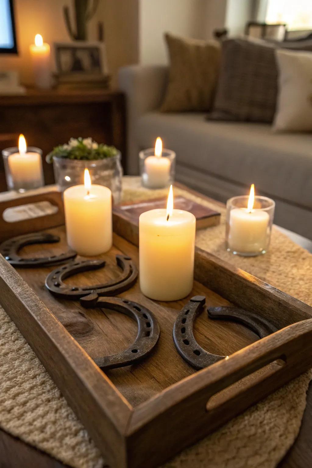 Horseshoes and candles bring rustic charm to the table.