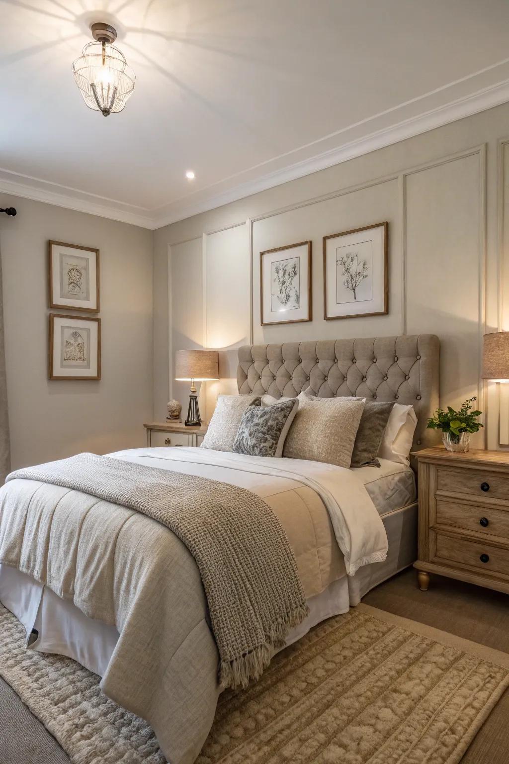 Neutral tones create a serene and calming bedroom atmosphere.