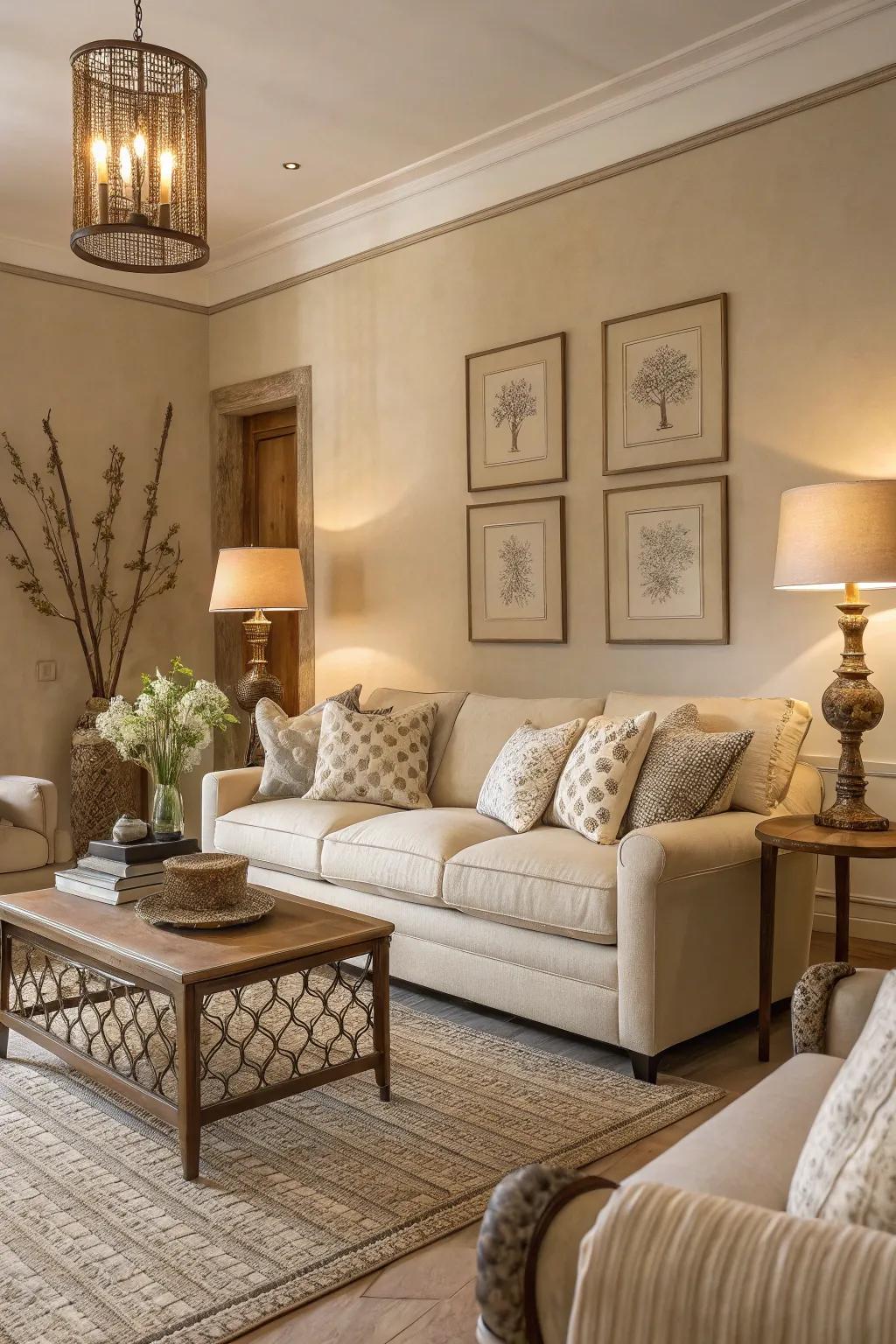 Neutral colors create a sophisticated yet cozy atmosphere.