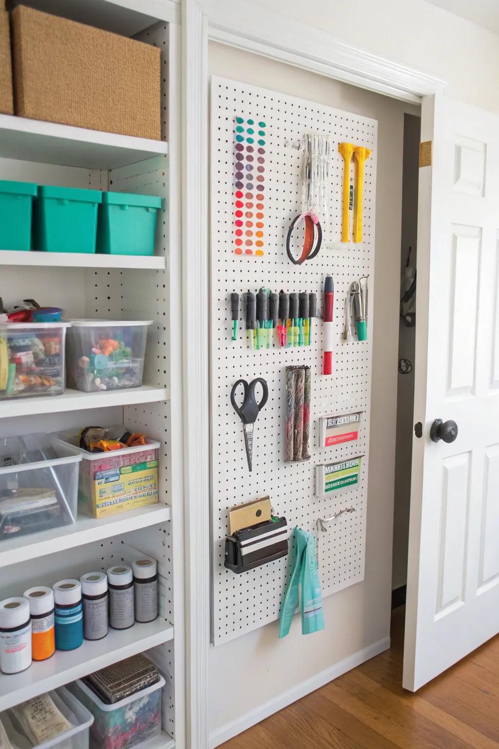 Pegboards provide easy access to frequently used tools.