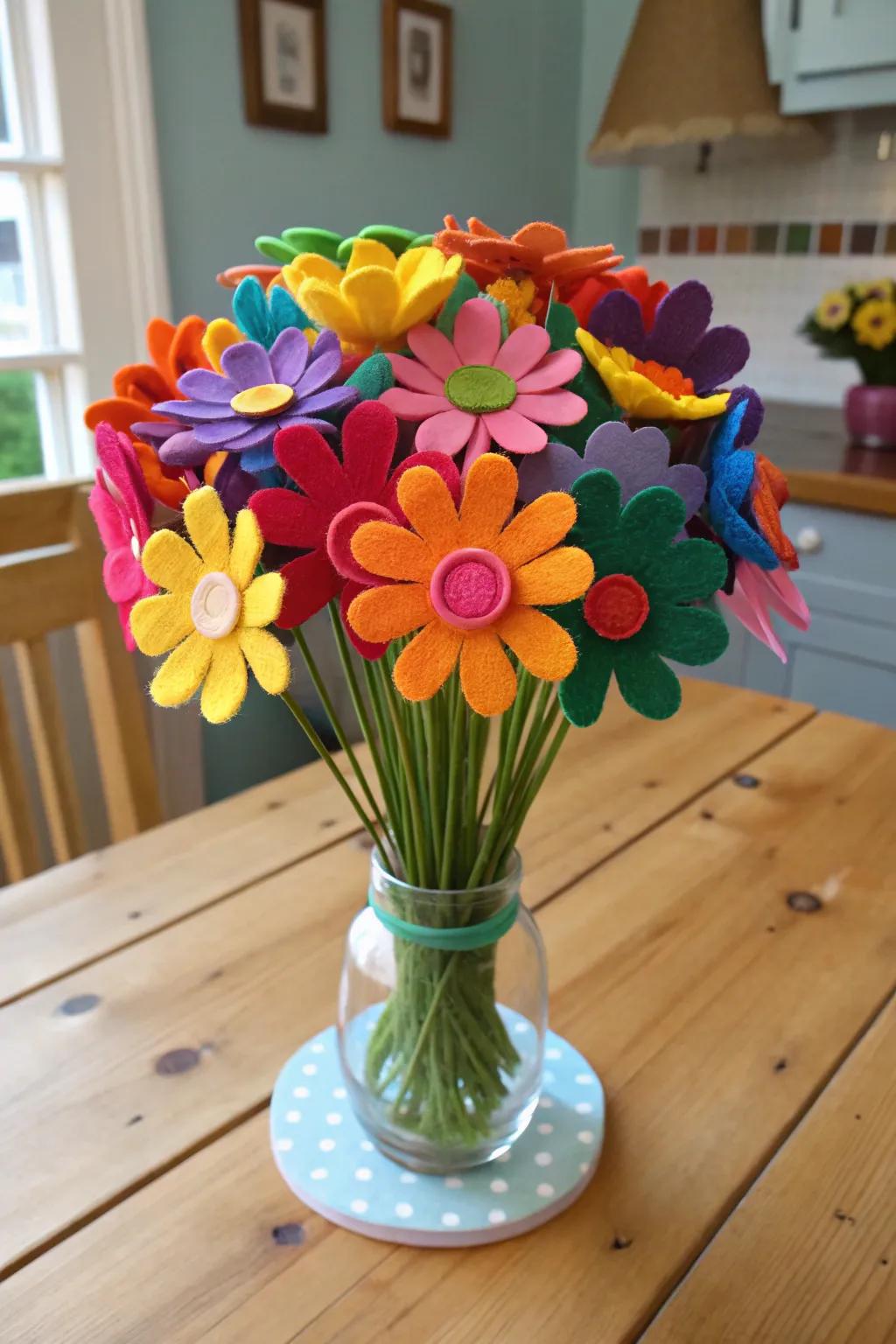 A bouquet of colorful felt flowers, a cheerful addition to any home.