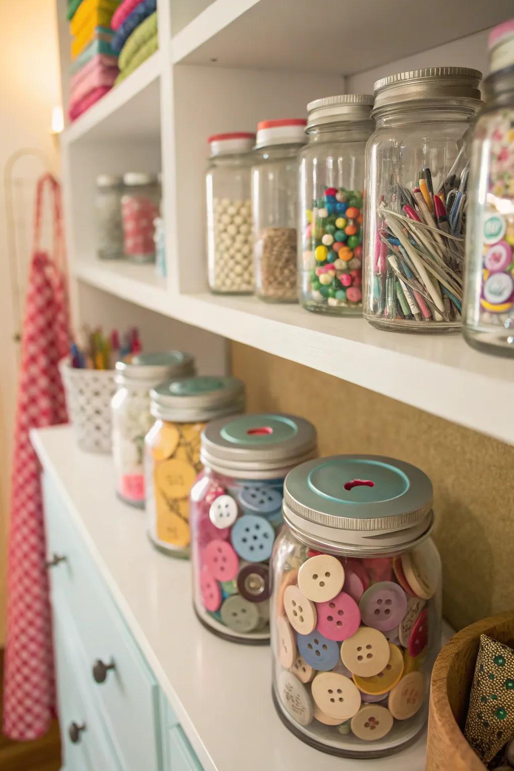 Mason jars are versatile storage solutions for small items.