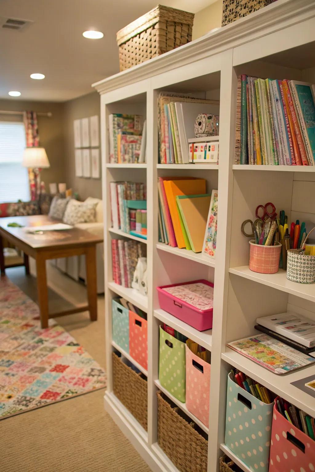 Old bookshelves find new purpose as organized craft storage.