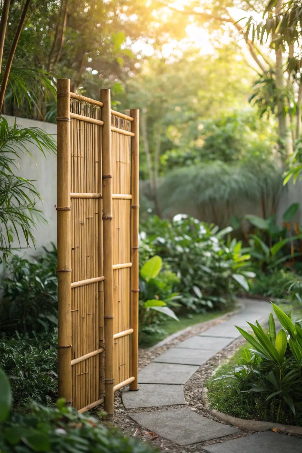 Elevate your garden's charm with this beautifully crafted bamboo fence.