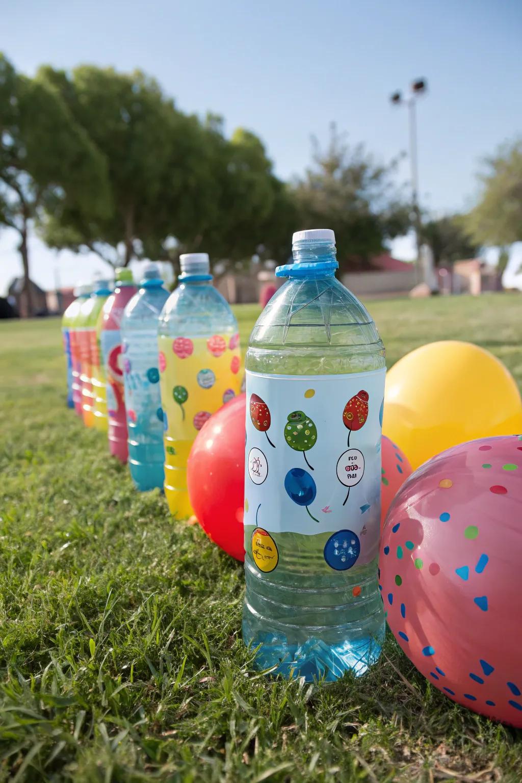 Vibrant water-filled bottles decorated with stickers as practical balloon weights.