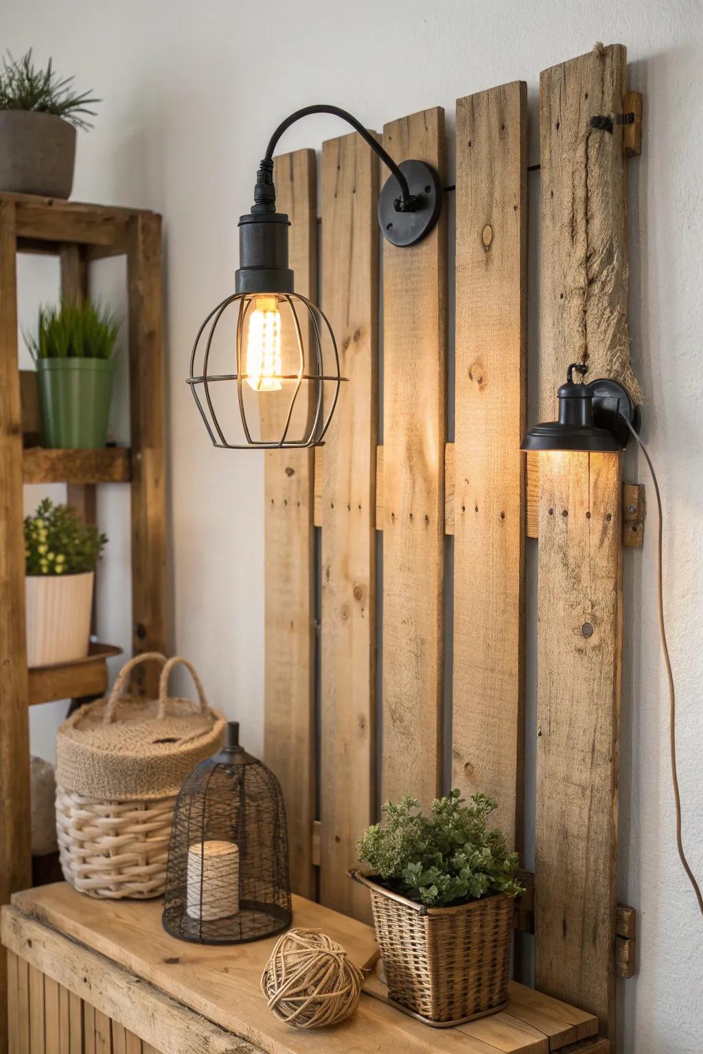 Illuminate your space with rustic elegance—this wooden pallet wall lamp brings warmth and charm to any reading nook.