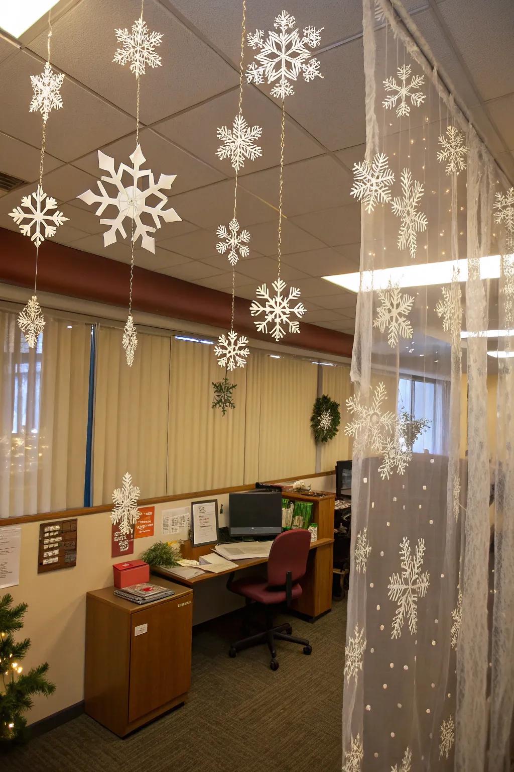 Transform your office into a snowy paradise with elegant snowflake decorations.