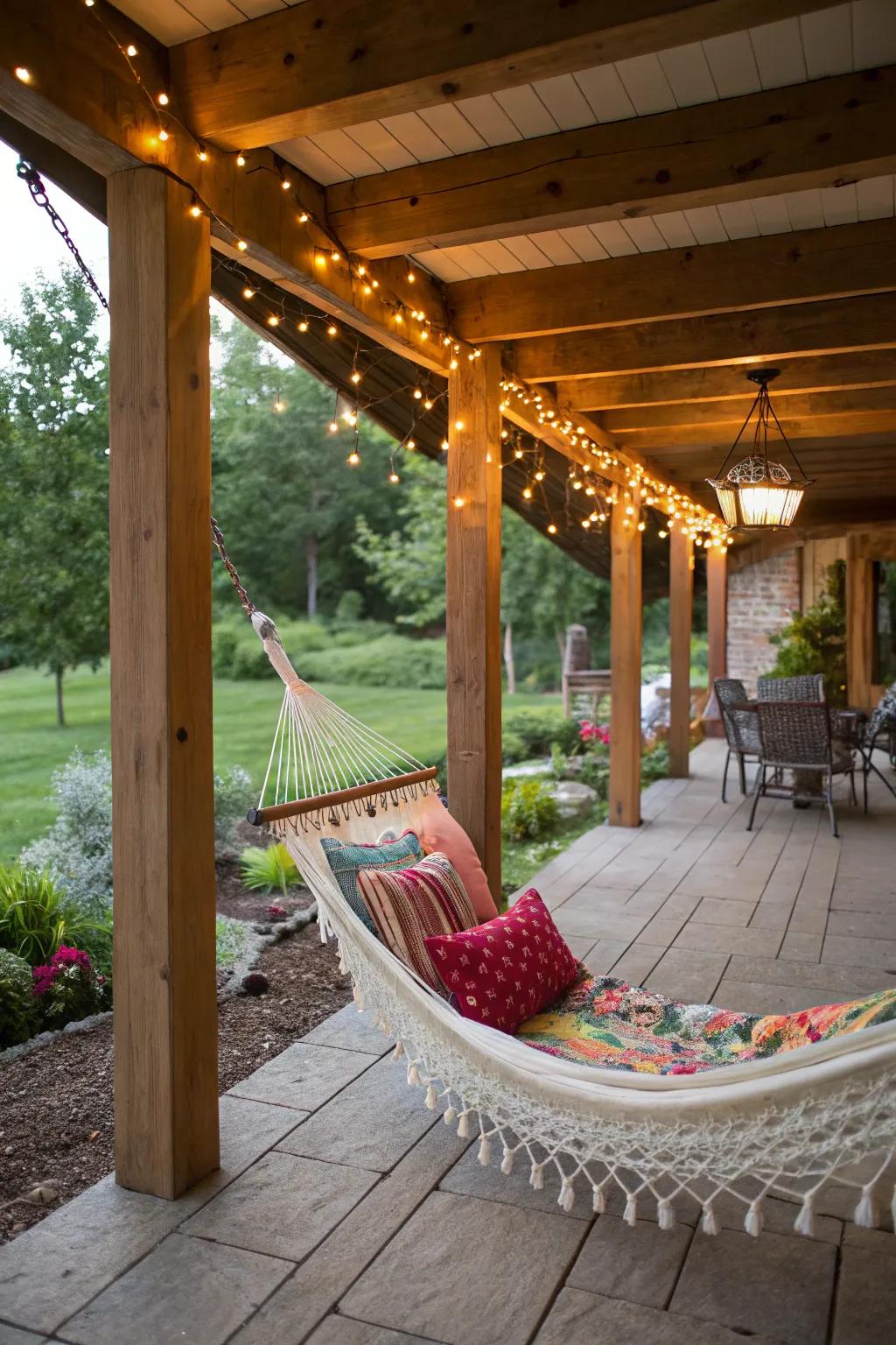 A porch hammock that invites relaxation and adds charm to an outdoor seating area.