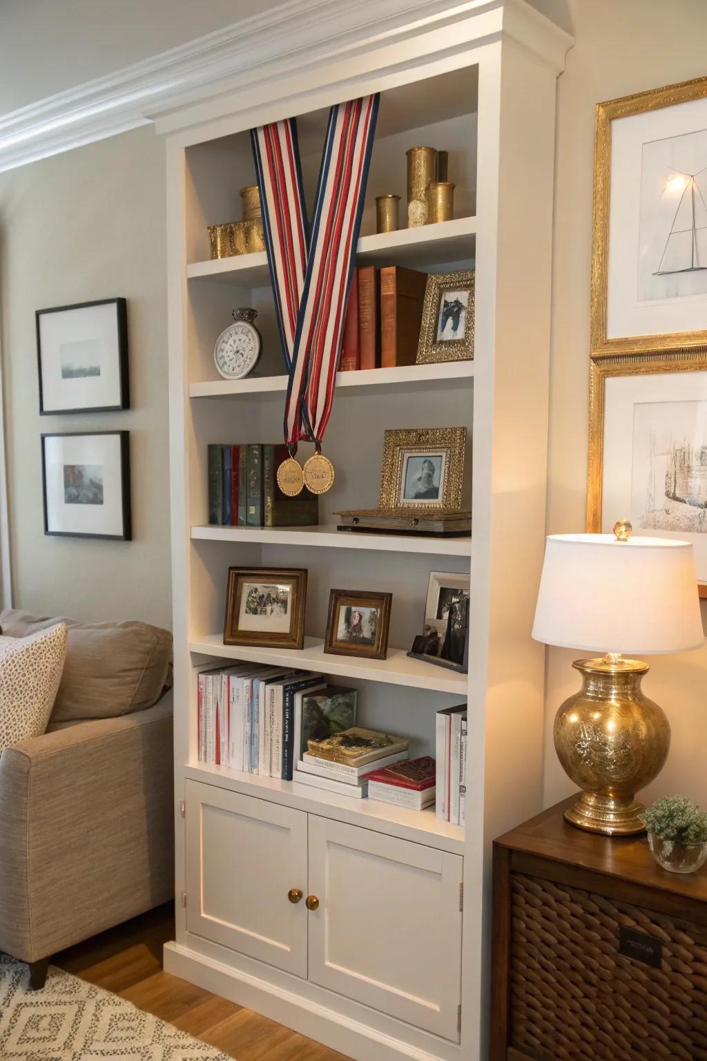 Bookshelves can subtly integrate your medals into your existing decor.