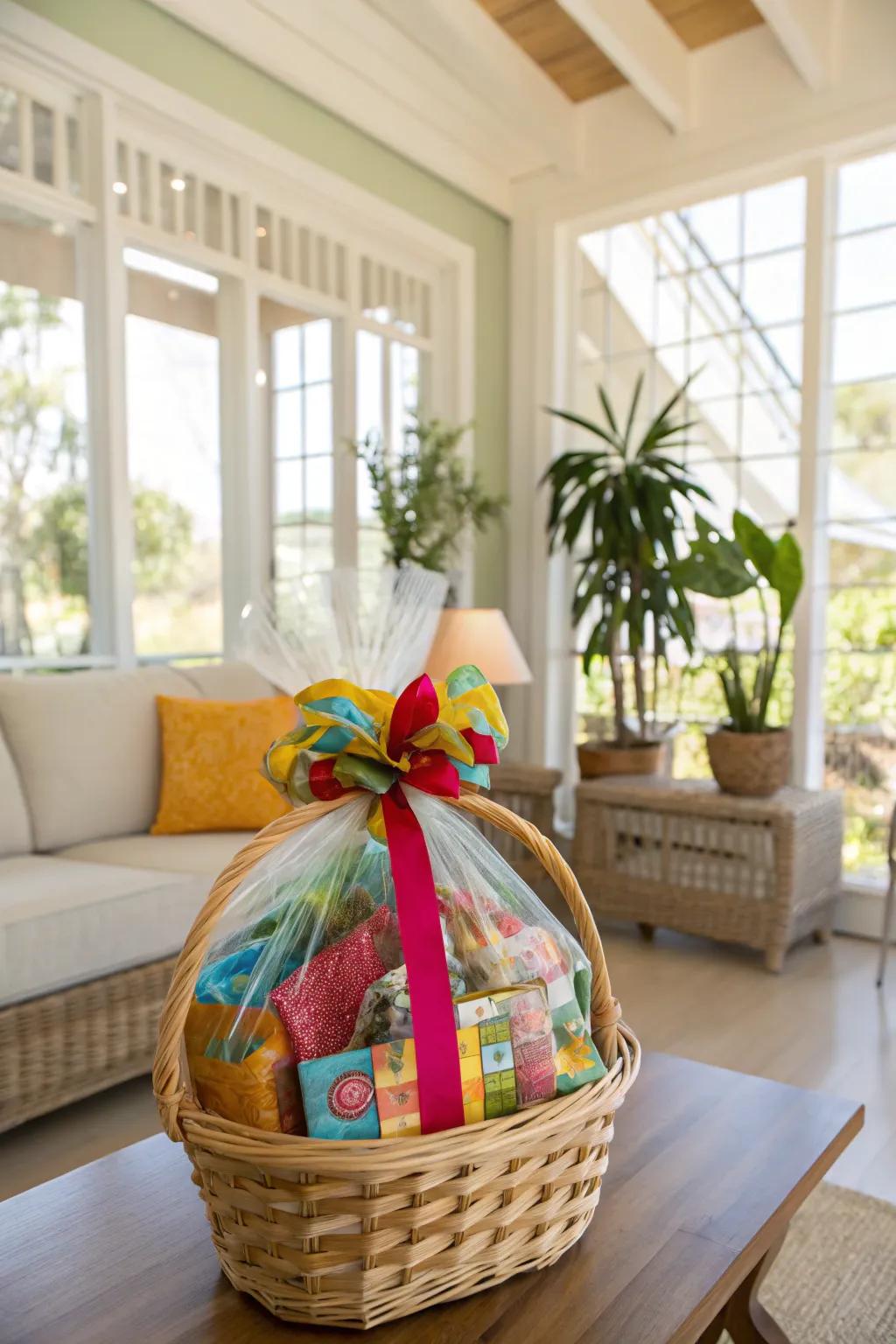 A sustainable and stylish fabric-wrapped gift basket.