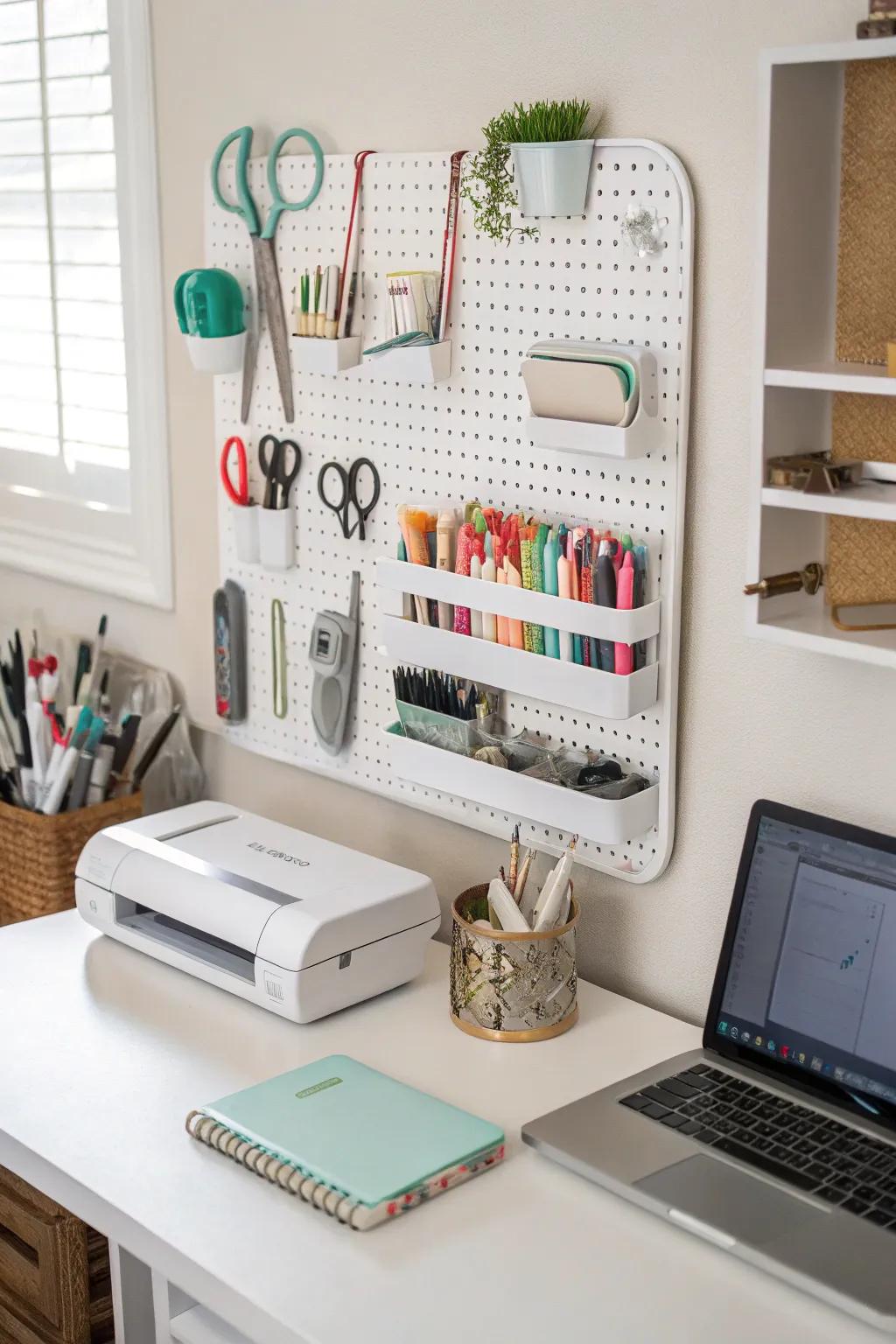 A wall-mounted organizer helps maintain a clutter-free workspace.