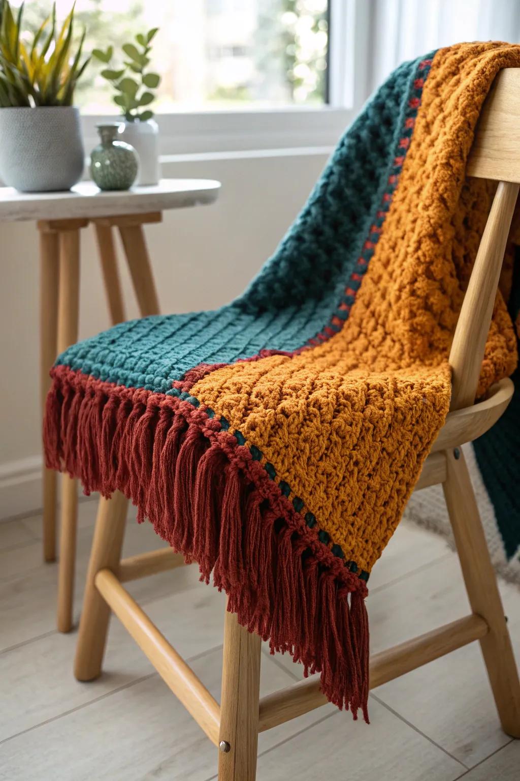 Add a playful touch to your c2c blanket with a vibrant fringe border for that perfect boho vibe!