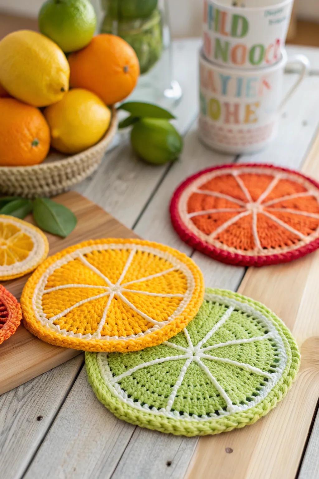 Brighten your table with these fun and vibrant crochet coasters.