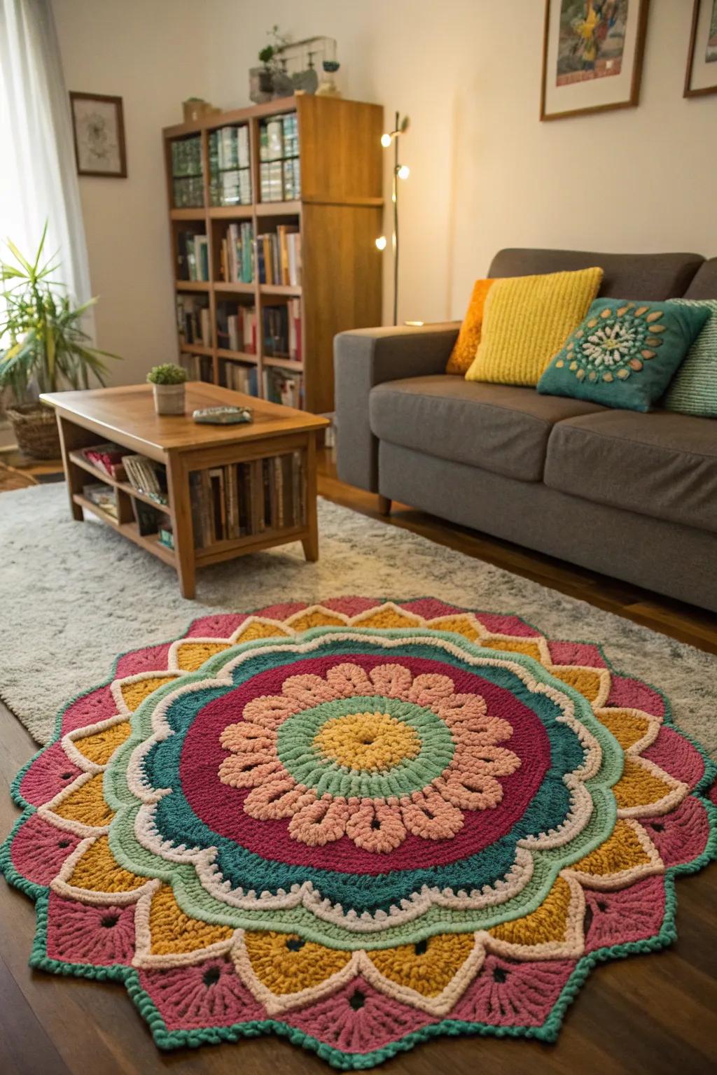 A colorful mandala crochet rug as a centerpiece in a living room.