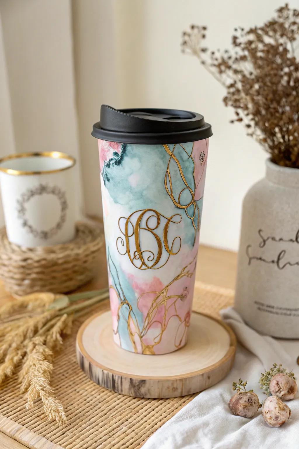 Embrace the art of simplicity with a watercolor monogram that turns your everyday mug into a masterpiece.