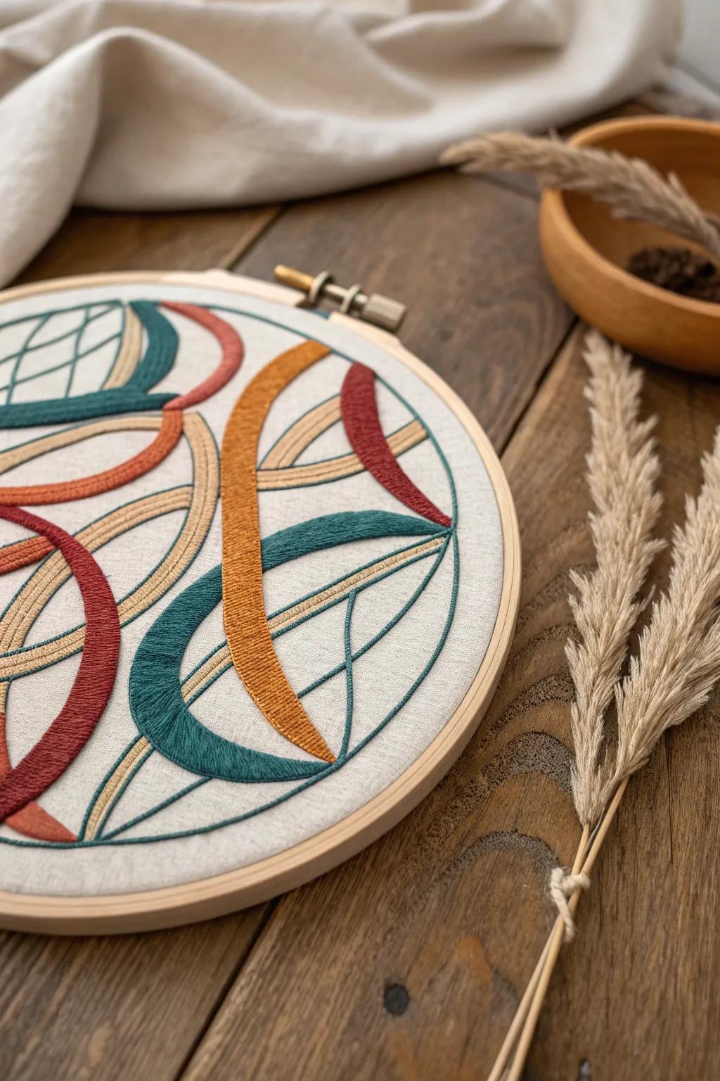 Elevate your space with abstract art embroidery, where bold colors meet delicate craftsmanship.