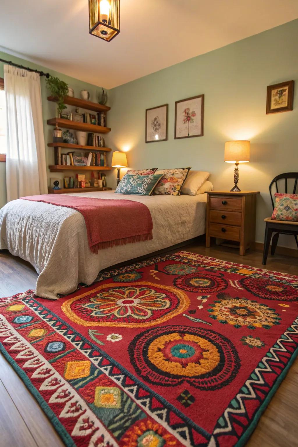 A funky rug can add personality and comfort to your bedroom.