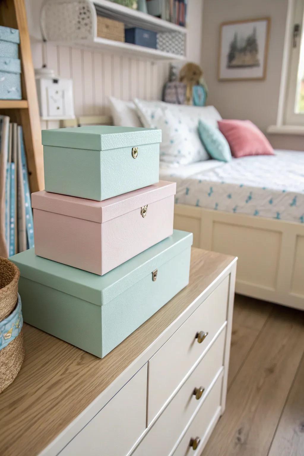 Pastel-painted boxes adding a dreamy look to a bedroom.