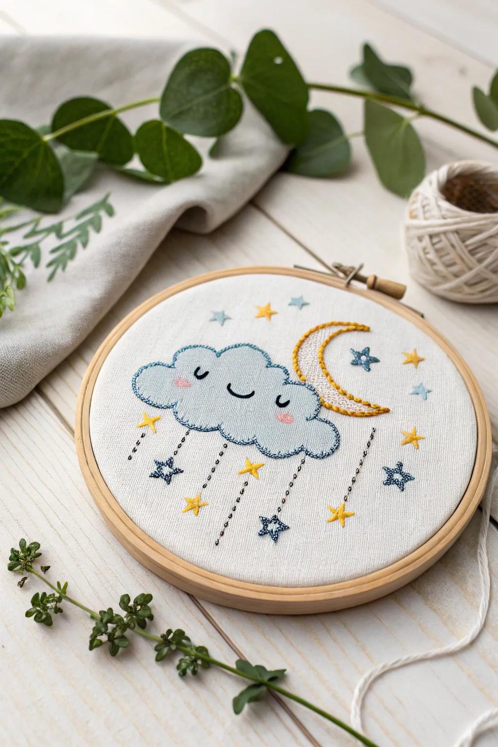 Capture the magic of the night sky with charming cross-stitch patterns of smiling clouds and stars, perfect for adding a playful touch to any space.